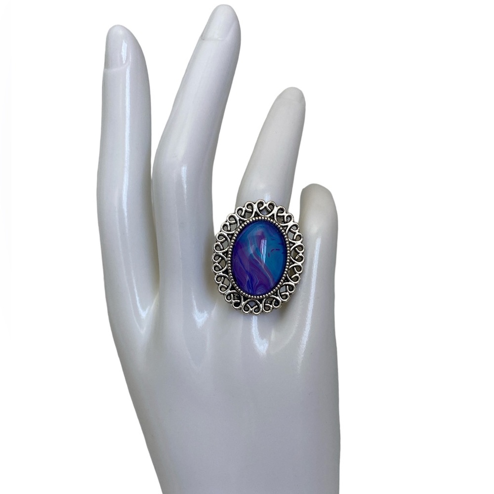 Hand Crafted Ring Purple Blue Fluid Art Glass Cabochon by Svetlana Yeung
